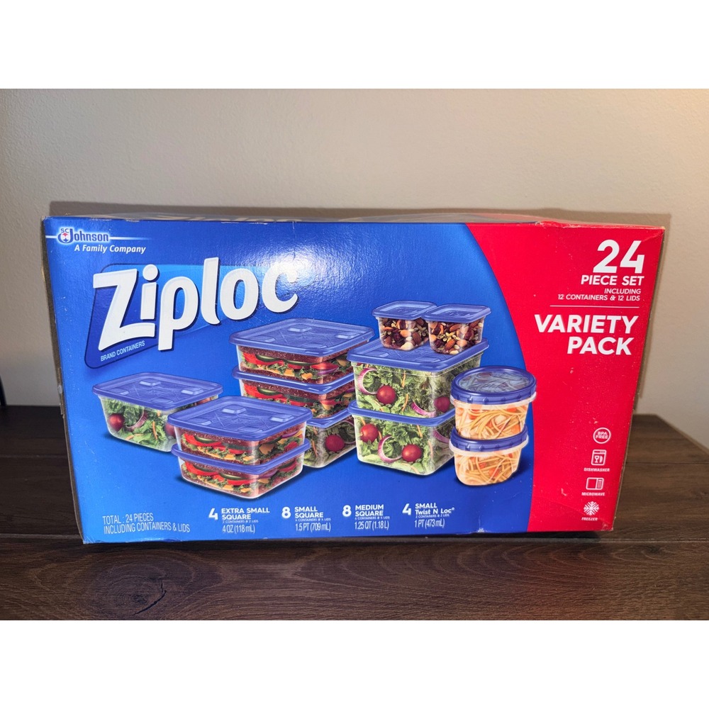 Ziploc Variety Pack Food Storage Container Set 24 Piece BPA Free Blue Lids NEW